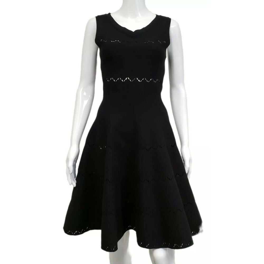 ALAIA Black Wool Blend Knit V-neck Cutout Skater Short Dress Size 40 US 8 New